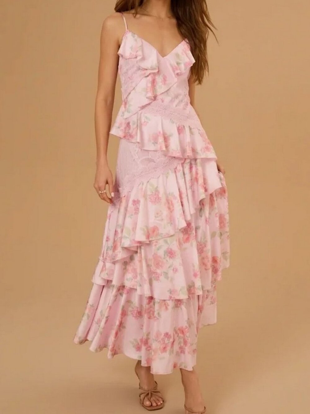 Altar'd State Shannon Satin Lace Floral Tiered Maxi Dress